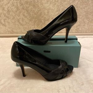 White House Black Market Shiny Black Peep-Toe Heels